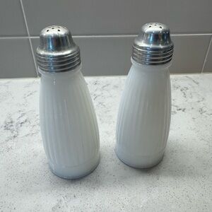 Pair of Vintage Milk Glass Ribbed Salt and Pepper Shakers